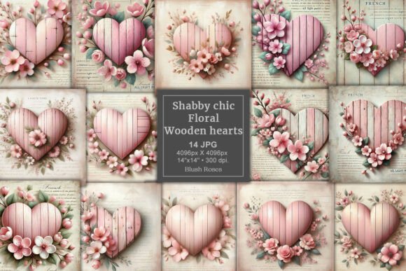 Download Vintage Floral Wooden Hearts Paper Pack - Hearts paper Collection