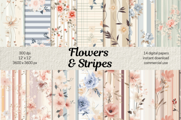Download Dusty Flowers &amp; Striped Digital Paper - Digital paper Collection