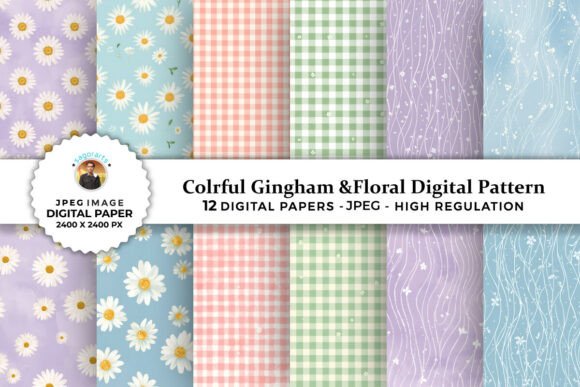Download Colorful Gingham &amp; Floral Digital Paper - Digital paper Collection