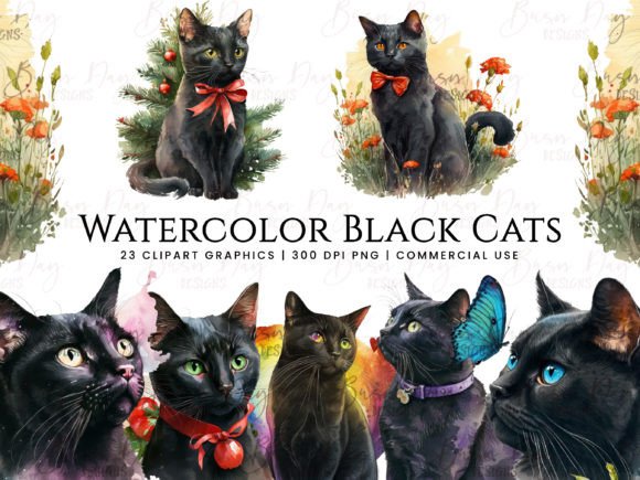 Download Watercolor Black Cats Clipart Bundle - Black cats Collection