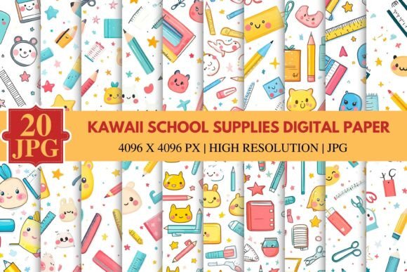 Download Kawaii School Supplies Digital Paper - Digital paper Collection