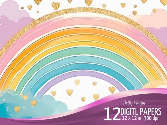 Download Watercolor Rainbow &amp; Golden Hearts Paper - Hearts paper Collection