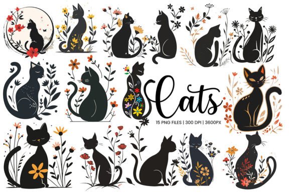 Download Black Cats and Flowers Clip Art Png - Black cats Collection