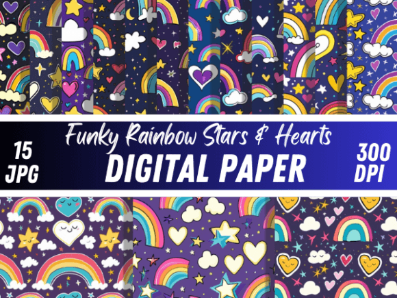 Download Funky Rainbow Stars Hearts Paper Pattern - Hearts paper Collection