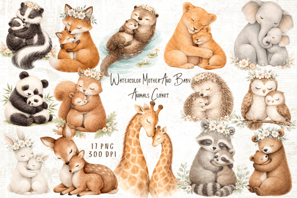 Download Mother &amp; Baby Animals Watercolor Clipart - Animal Collection