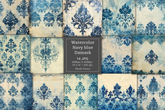 Download Vintage Navy Blue Damask Digital Paper - Digital paper Collection