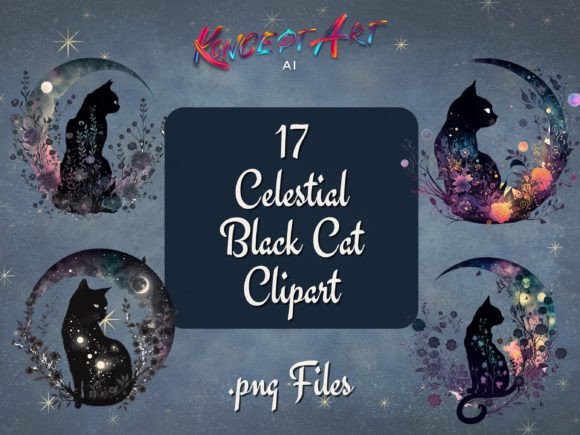 Download 17 X Floral Celestial Black Cats Clipart - Black cats Collection