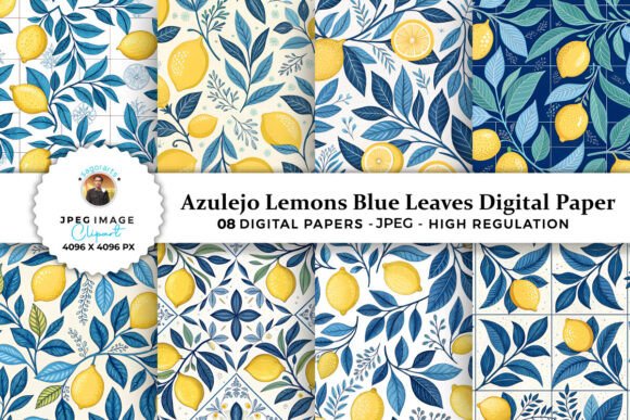 Download Azulejo Lemons Blue Leaves Digital Paper - Digital paper Collection