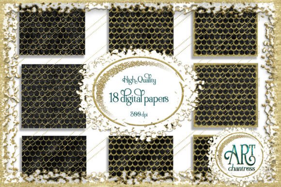 Download 18 Digital Papers Black&amp;Gold Glitter - Digital paper Collection