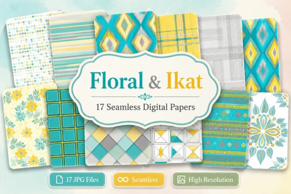 Download Floral &amp; Ikat Digital Papers Bundle - Digital paper Collection