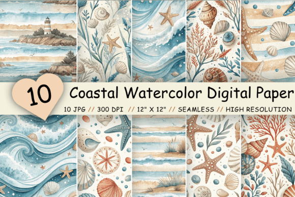 Download Coastal Watercolor Digital Paper Pack - Digital paper Collection