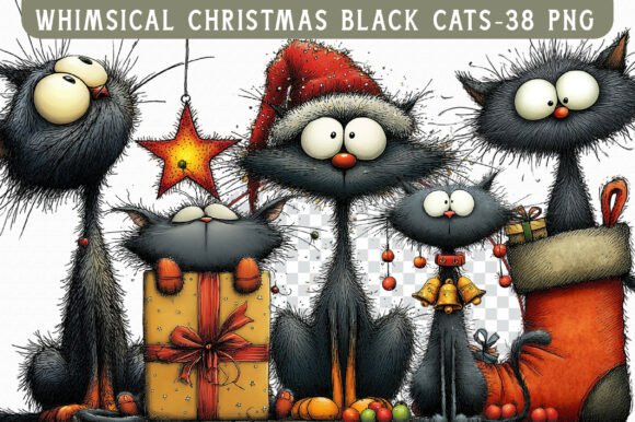 Download Whimsical Christmas Black Cats Clipart - Black cats Collection